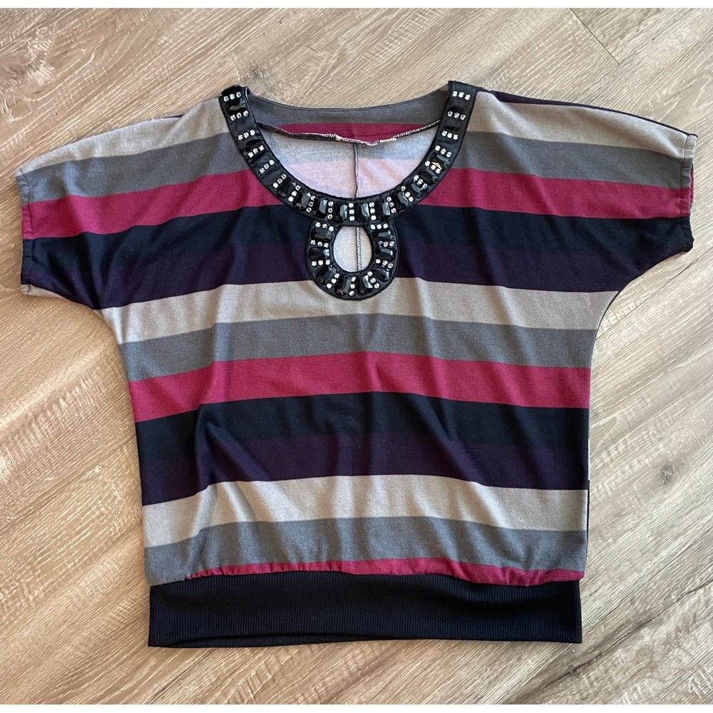 Womens Plus Size 16 Top Multicolor Striped Jeweled Neck Keyhole Dolman Sleeve